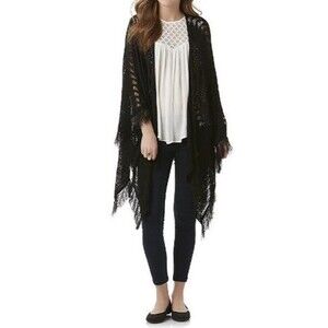 Bongo Pointelle Women Cardigan Poncho Black Sweater With Fringe Trim Size M
